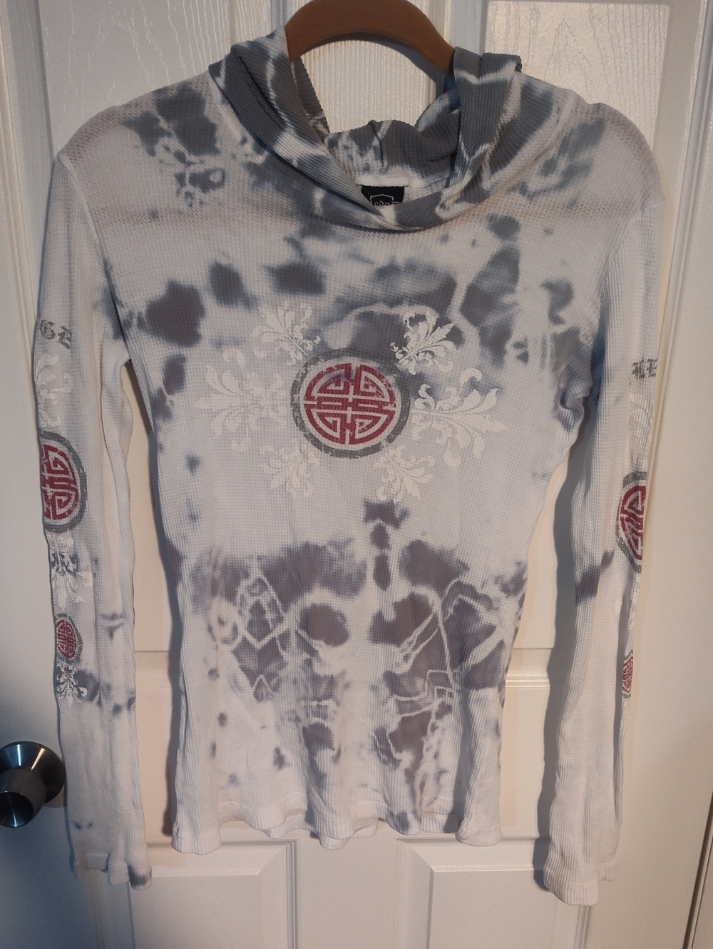 Tie-Dye Long Sleeve Hoodie Top with Red Emblem